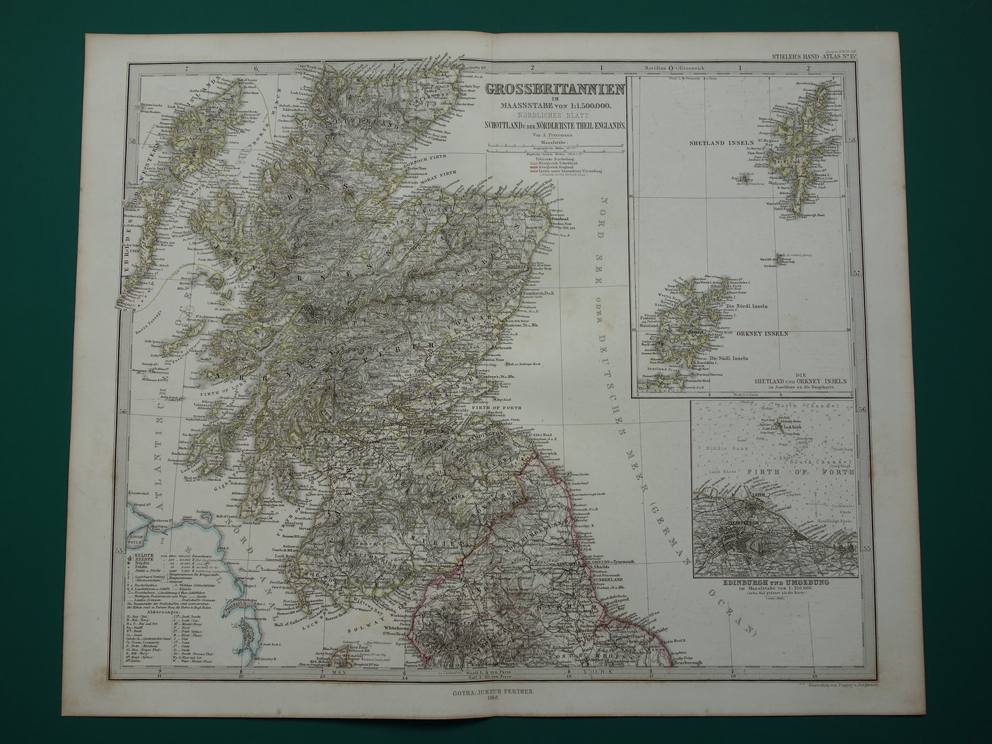 SCHOTLAND oude kaart van Schotland in 1868 originele antieke landkaart Edinburgh Glasgow vintage met jaartal