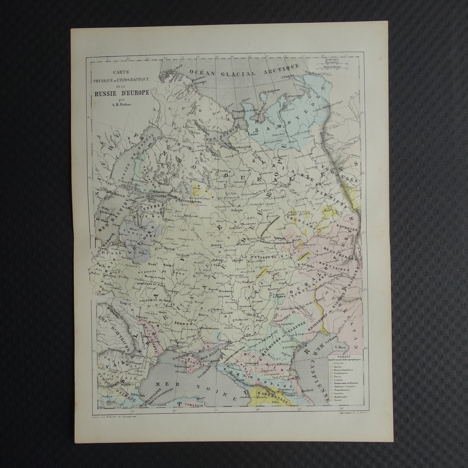 Oude etnografische kaart van Rusland 1858 Antieke landkaart Europees deel Russische Rijk