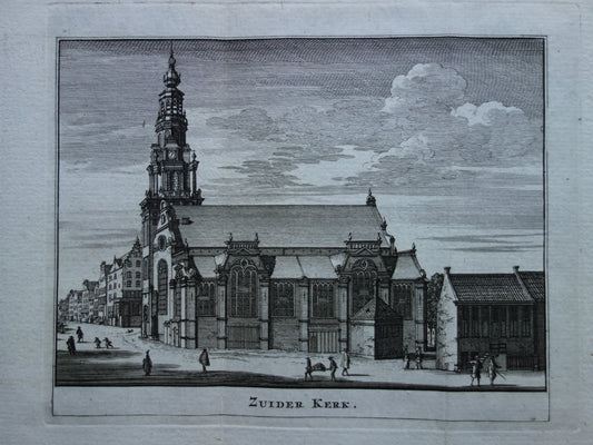 Zuiderkerk Amsterdam Oude prent 1770 Originele antieke gravure Historisch stadsgezicht Vintage Print