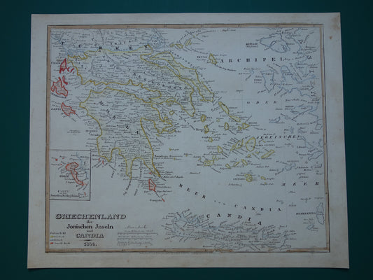 Oude kaart van Griekenland uit 1850 originele antieke kaart met jaartal vintage handgekleurde kaarten