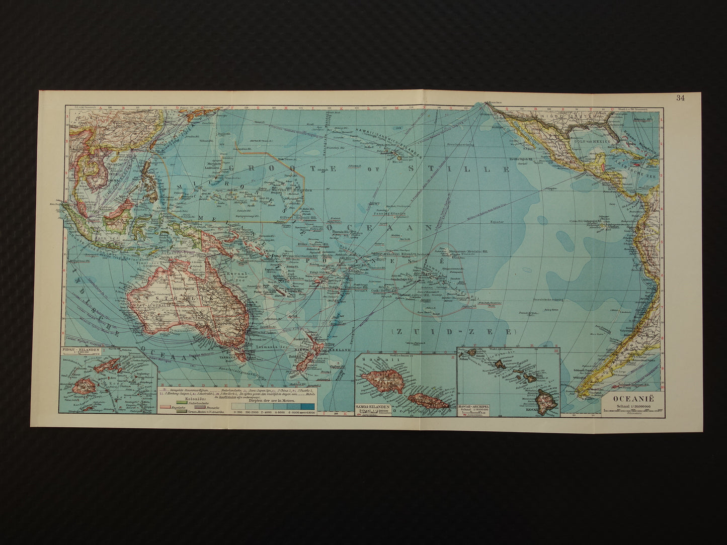 Oude Nederlandse kaart van Oceanië uit 1929 originele vintage landkaart
