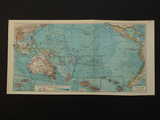 Oude Nederlandse kaart van Oceanië uit 1929 originele vintage landkaart