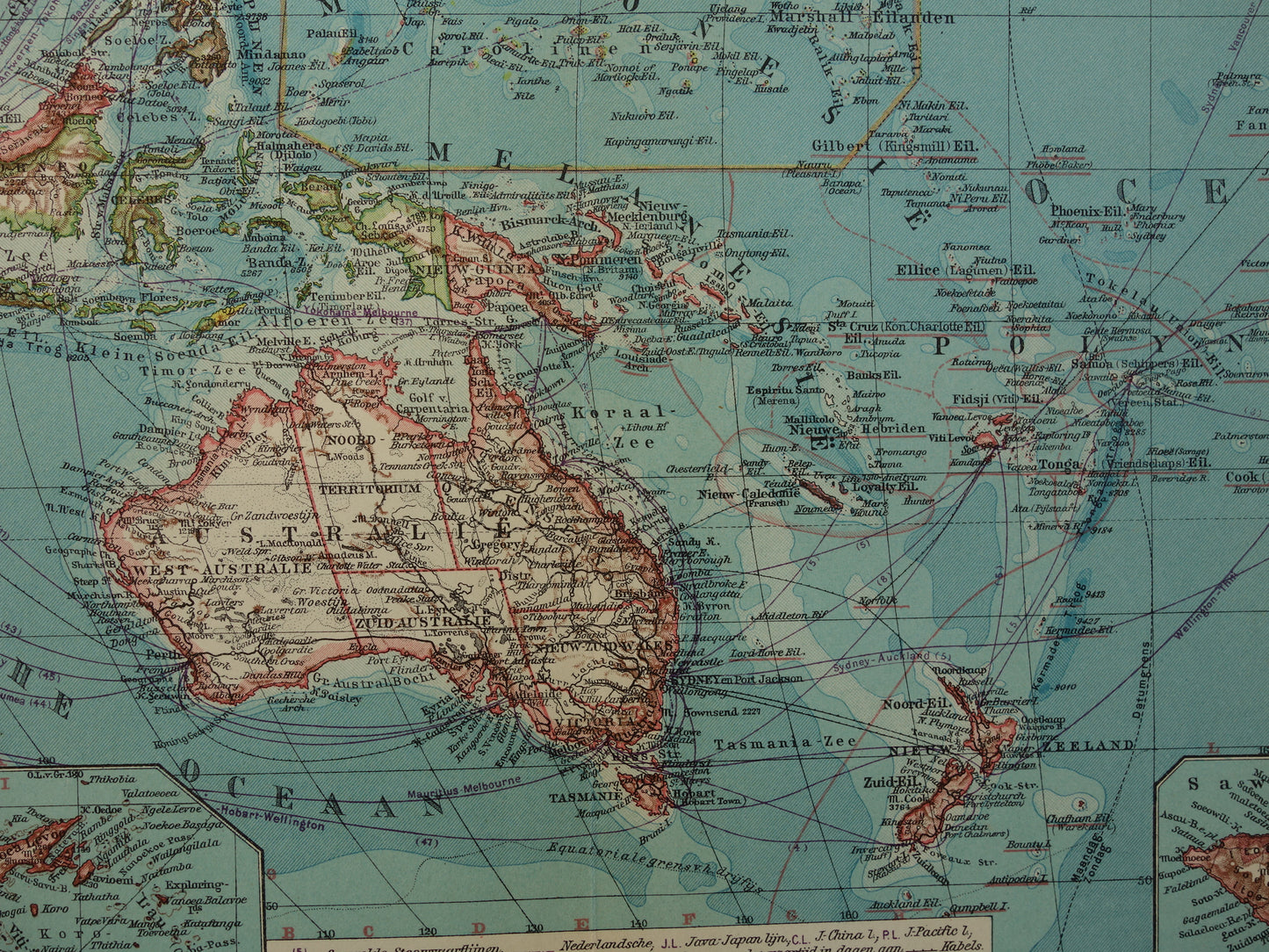 Alte niederländische Karte von Ozeanien aus dem Jahr 1929, originale Vintage-Karte