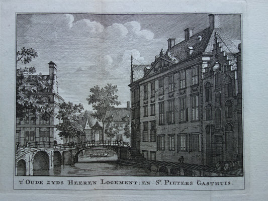 Grimburgwal Amsterdam Antieke prent uit 1770 Originele oude gravure Oudezijds Heerenlogement Historisch stadsgezicht Vintage Print Sint Pieters Gasthuis