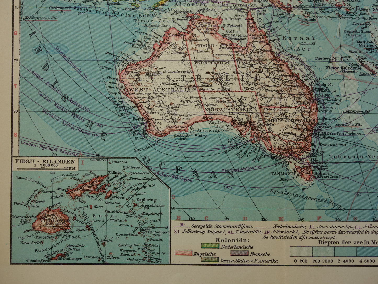 Alte niederländische Karte von Ozeanien aus dem Jahr 1929, originale Vintage-Karte
