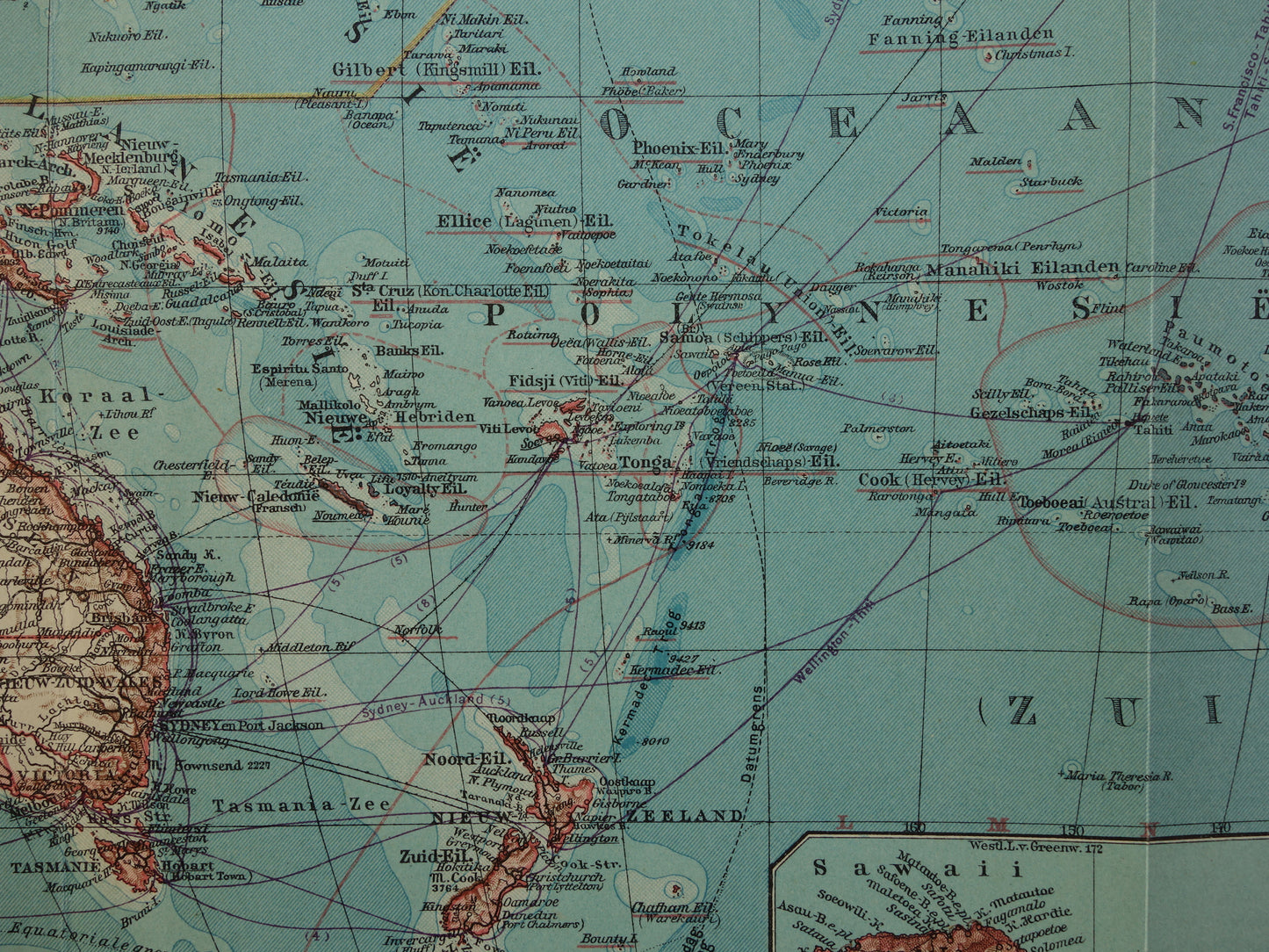 Alte niederländische Karte von Ozeanien aus dem Jahr 1929, originale Vintage-Karte