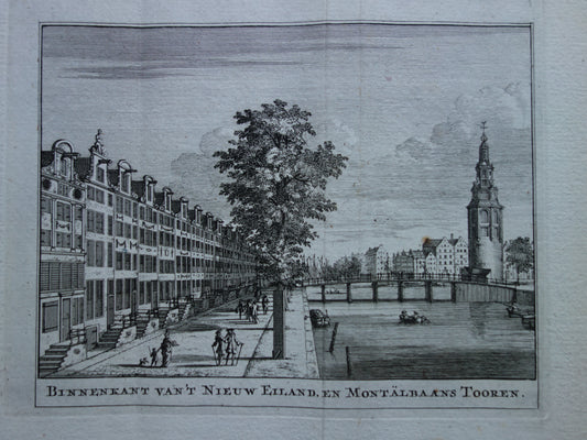 Montelbaanstoren Amsterdam Oude prent 1770 Originele antieke gravure Binnenkant Waalseilandgracht Historisch stadsgezicht Vintage Print Binnenkant van 't nieuwe eiland en montalbaans tooren.