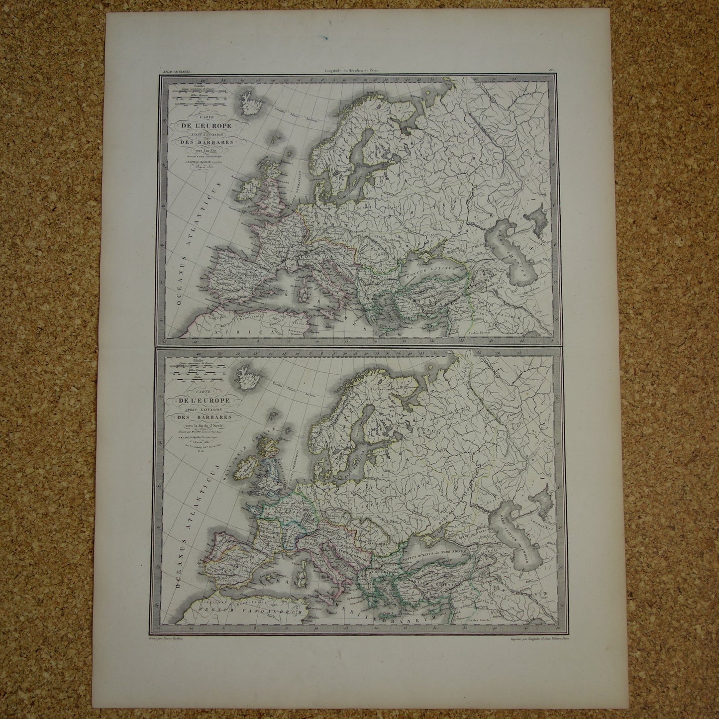 Oude kaarten over geschiedenis van Europa voor en na grote volksverhuizing antieke landkaart uit 1851 invallen barbaren