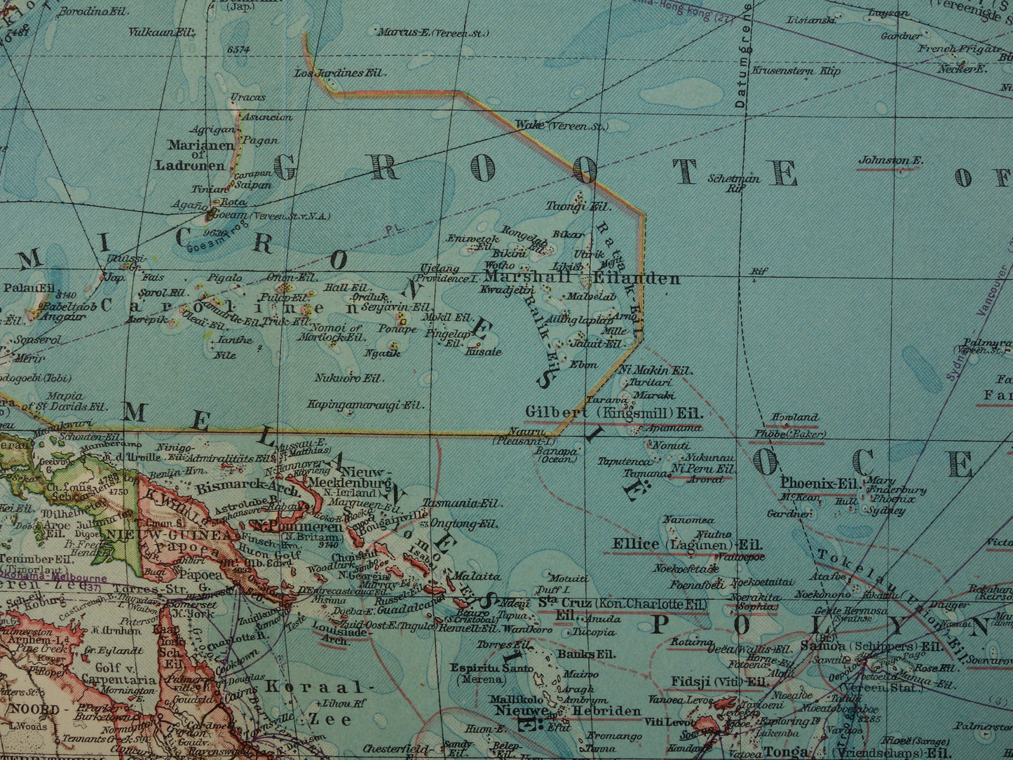 Alte niederländische Karte von Ozeanien aus dem Jahr 1929, originale Vintage-Karte