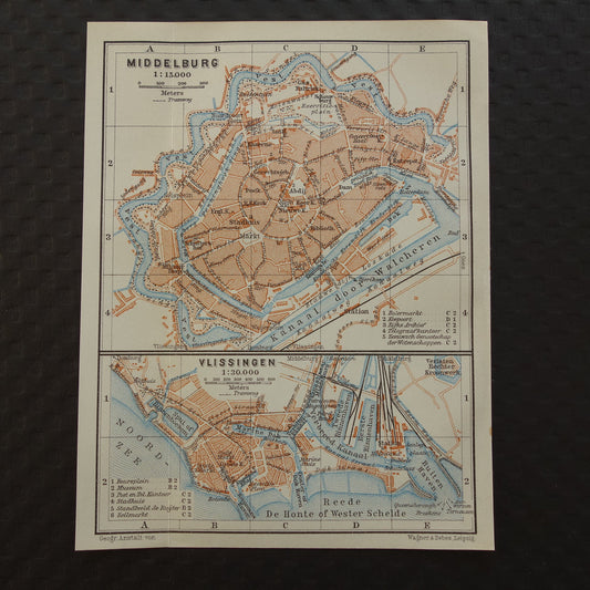 MIDDELBURG oude kaart van Middelburg en Vlissingen uit 1910 kleine originele antieke plattegrond Zeeland