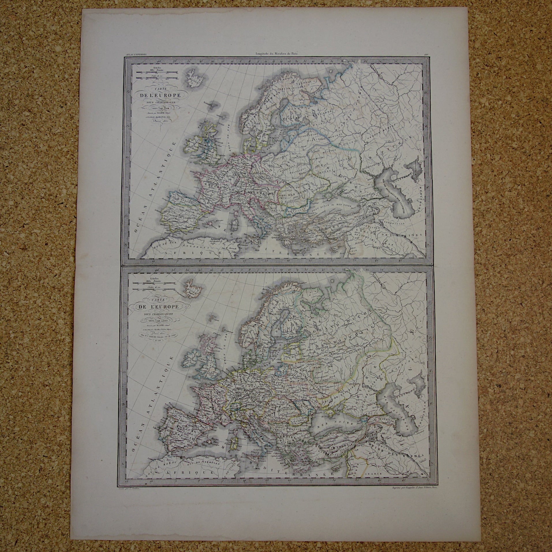 Antieke kaart van Europa ten tijde Karel de Grote in het jaar 800 en Keizer Karel V in jaar 1500 - originele oude landkaart uit 1851