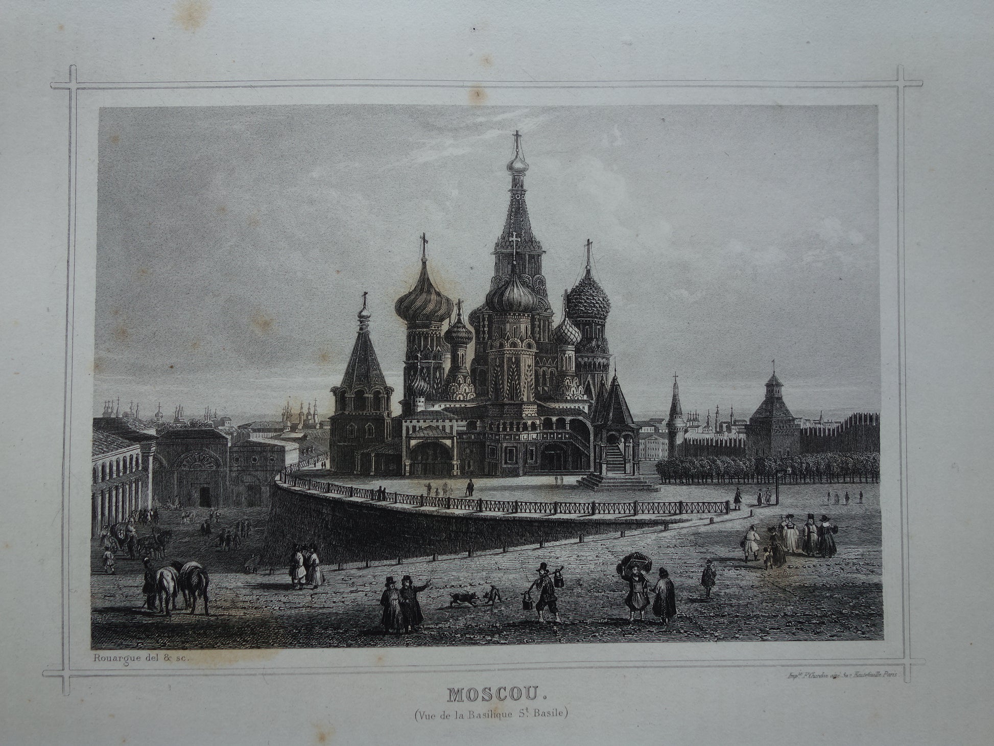 Stadsgezicht van Moskou uit 1852 antieke print Basiliuskathedraal