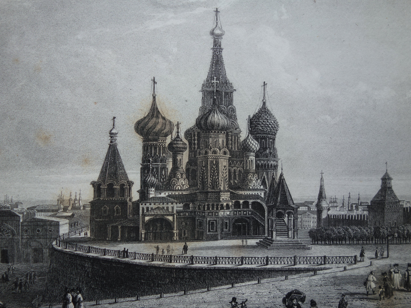 Cityscape of Moscow from 1852 antique print St. Basil's Cathedral