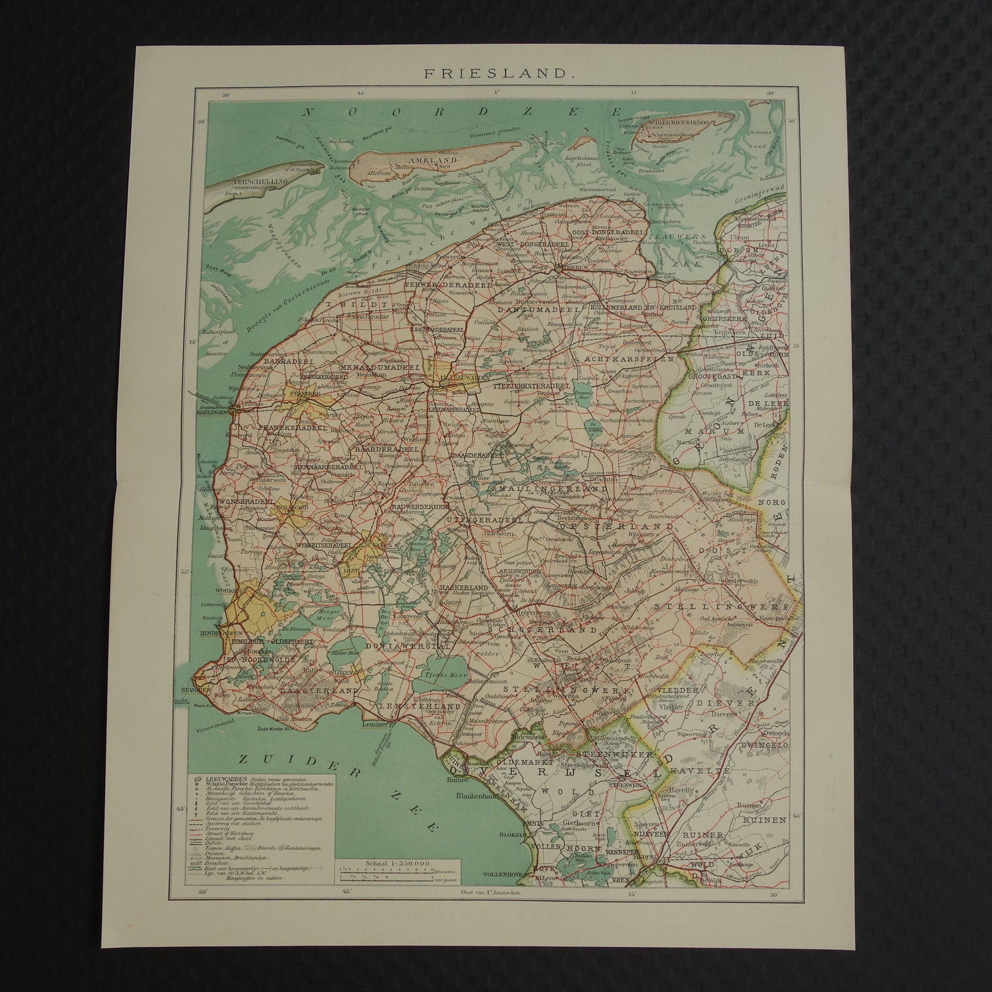 FRIESLAND Oude kaart van de provincie Friesland uit 1907 originele vintage historische landkaart