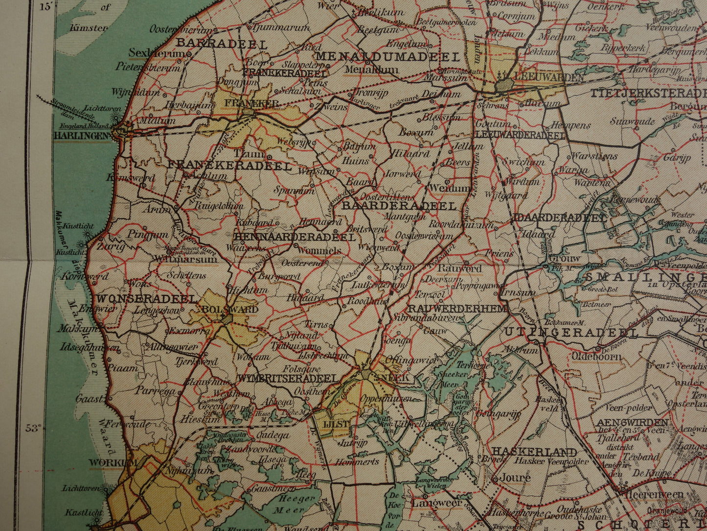 FRIESLAND Oude kaart van de provincie Friesland uit 1907 originele vintage historische landkaart