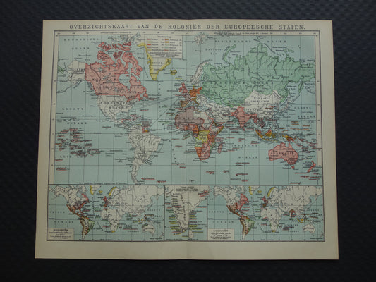 Oude wereldkaart van Kolonies Koloniëen 1918 originele antieke Nederlandse kaart koloniale bezittingen