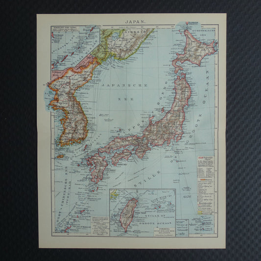 JAPAN oude gedetailleerde kaart van Japan en Korea uit 1918 originele vintage Nederlandse landkaart