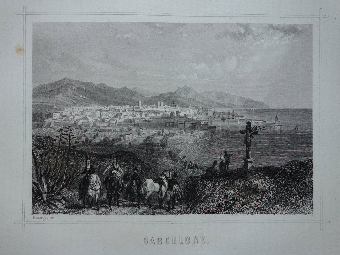 Stadsgezicht van Barcelona uit 1852 antieke print