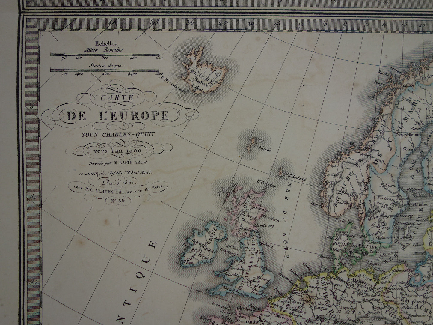 Antieke kaart van Europa ten tijde Karel de Grote in het jaar 800 en Keizer Karel V in jaar 1500 - originele oude landkaart uit 1851