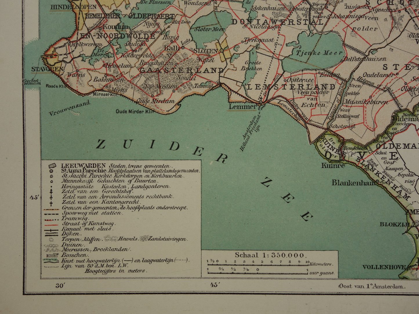 FRIESLAND Oude kaart van de provincie Friesland uit 1907 originele vintage historische landkaart