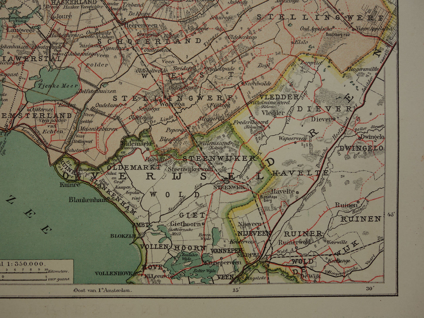 FRIESLAND Oude kaart van de provincie Friesland uit 1907 originele vintage historische landkaart
