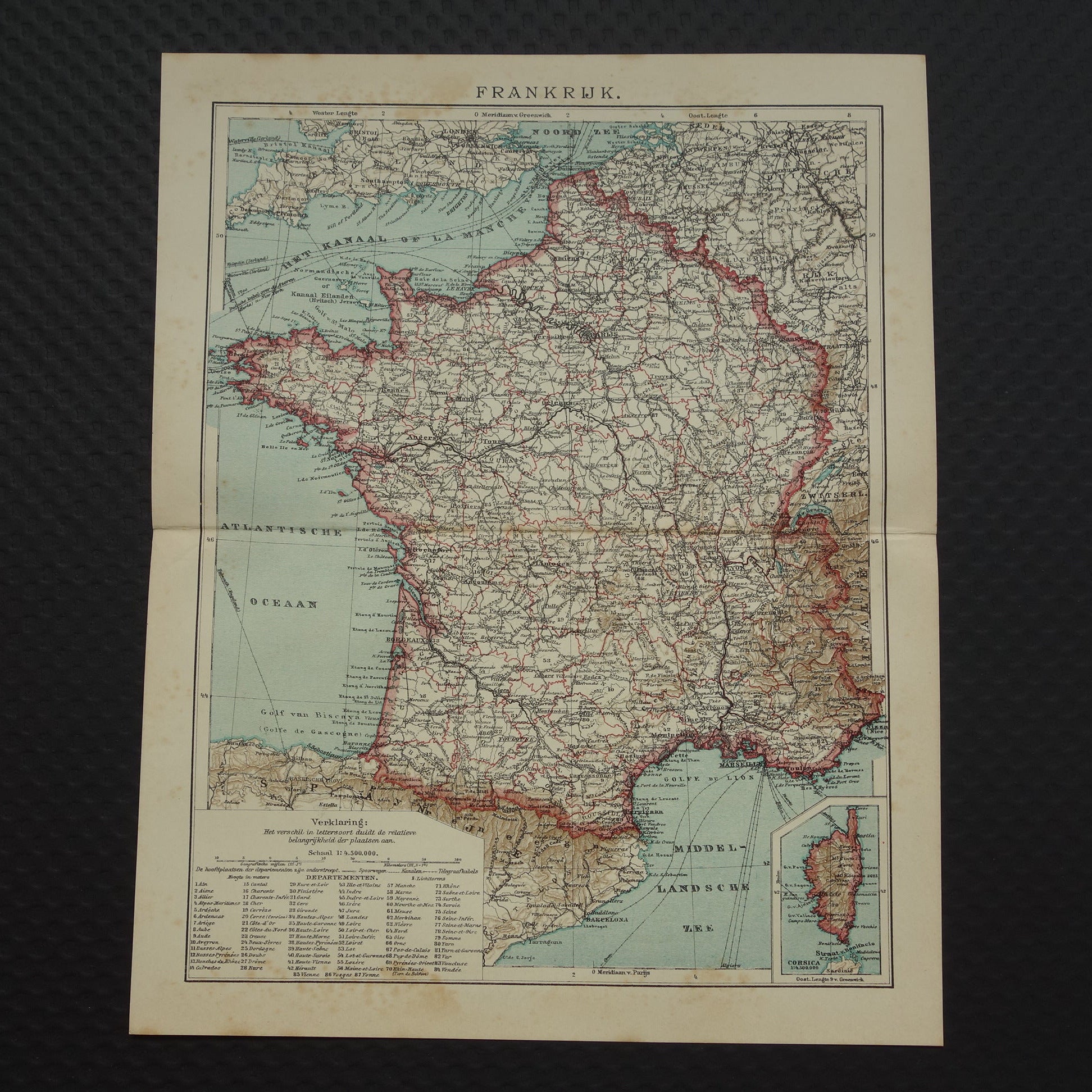 FRANKRIJK Oude Nederlandse kaart van Frankrijk uit 1907 originele antieke landkaart