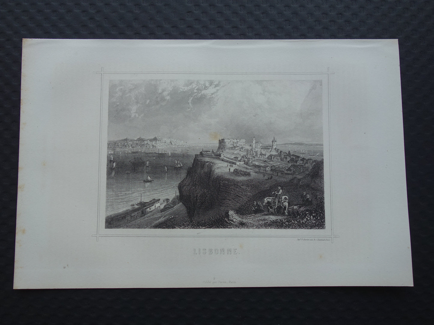 Stadtansicht von Lissabon, antike Druckgrafik von 1852