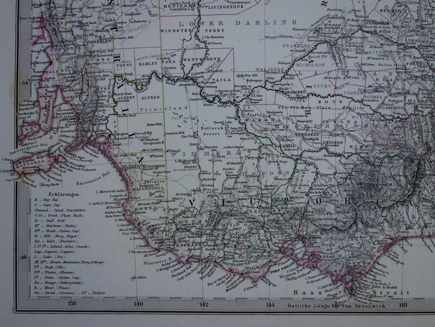 Oude kaart van Victoria en New South Wales zuidoost Australië in 1875 originele antieke gedetailleerde landkaart met jaartal vintage landkaarten
