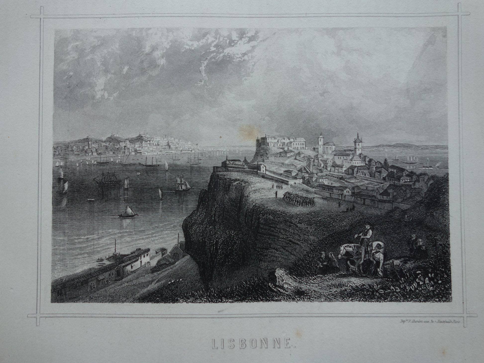 Stadsgezicht van Lissabon uit 1852 antieke print Lissabon