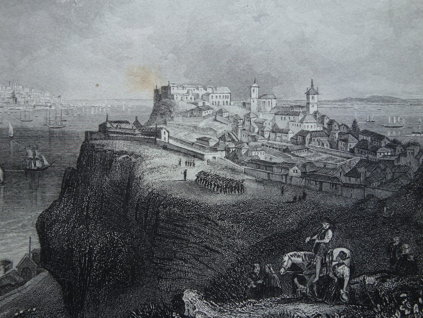 Stadtansicht von Lissabon, antike Druckgrafik von 1852