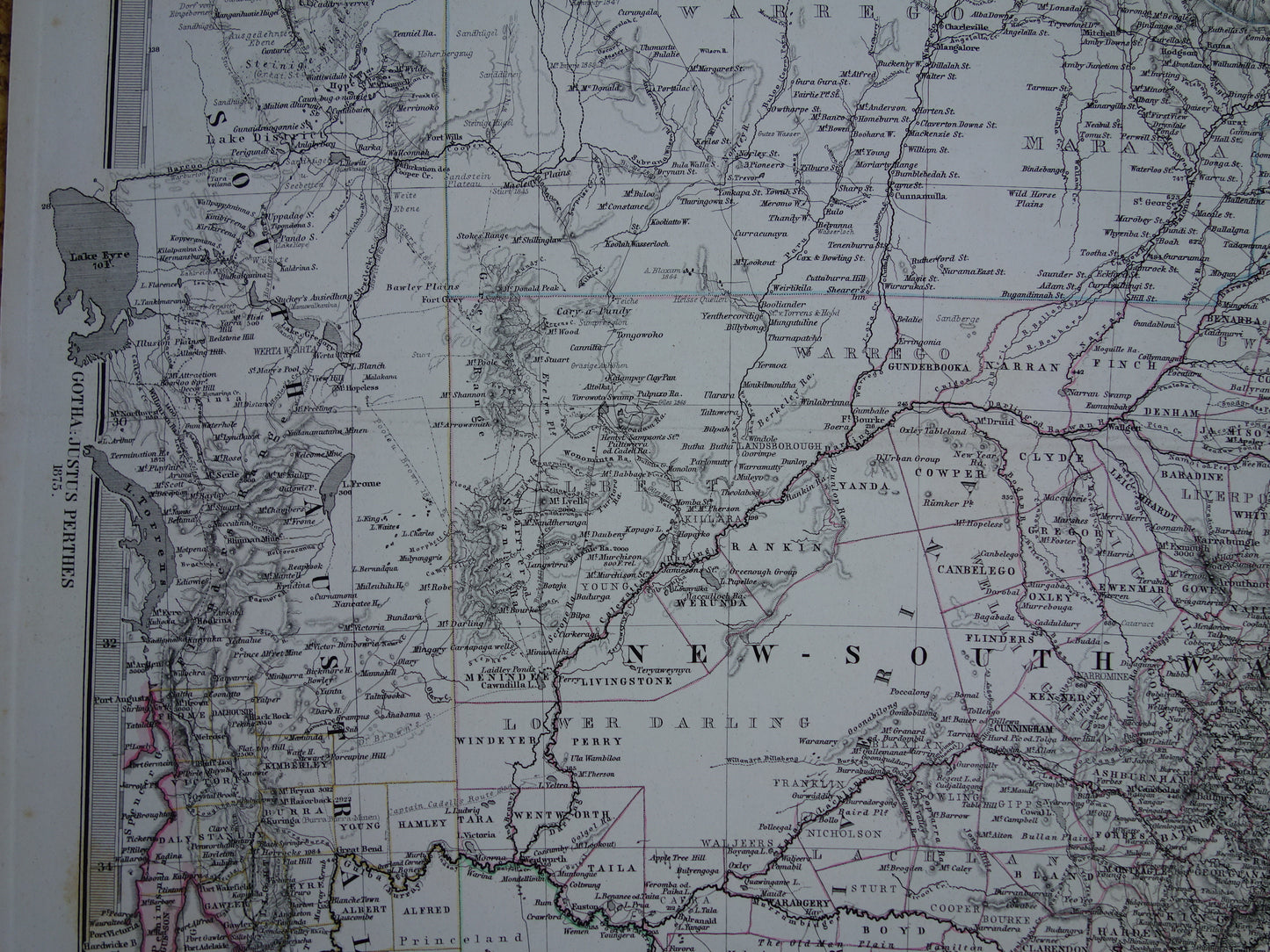Oude kaart van Victoria en New South Wales zuidoost Australië in 1875 originele antieke gedetailleerde landkaart met jaartal vintage landkaarten