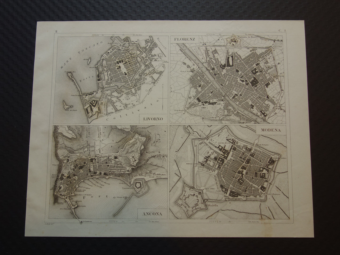 Florence Livorno Modena Ancona antieke plattegrond 175+ jaar oude kaart van Italiaanse steden plattegronden Italië uit 1849 - originele vintage historische kaarten