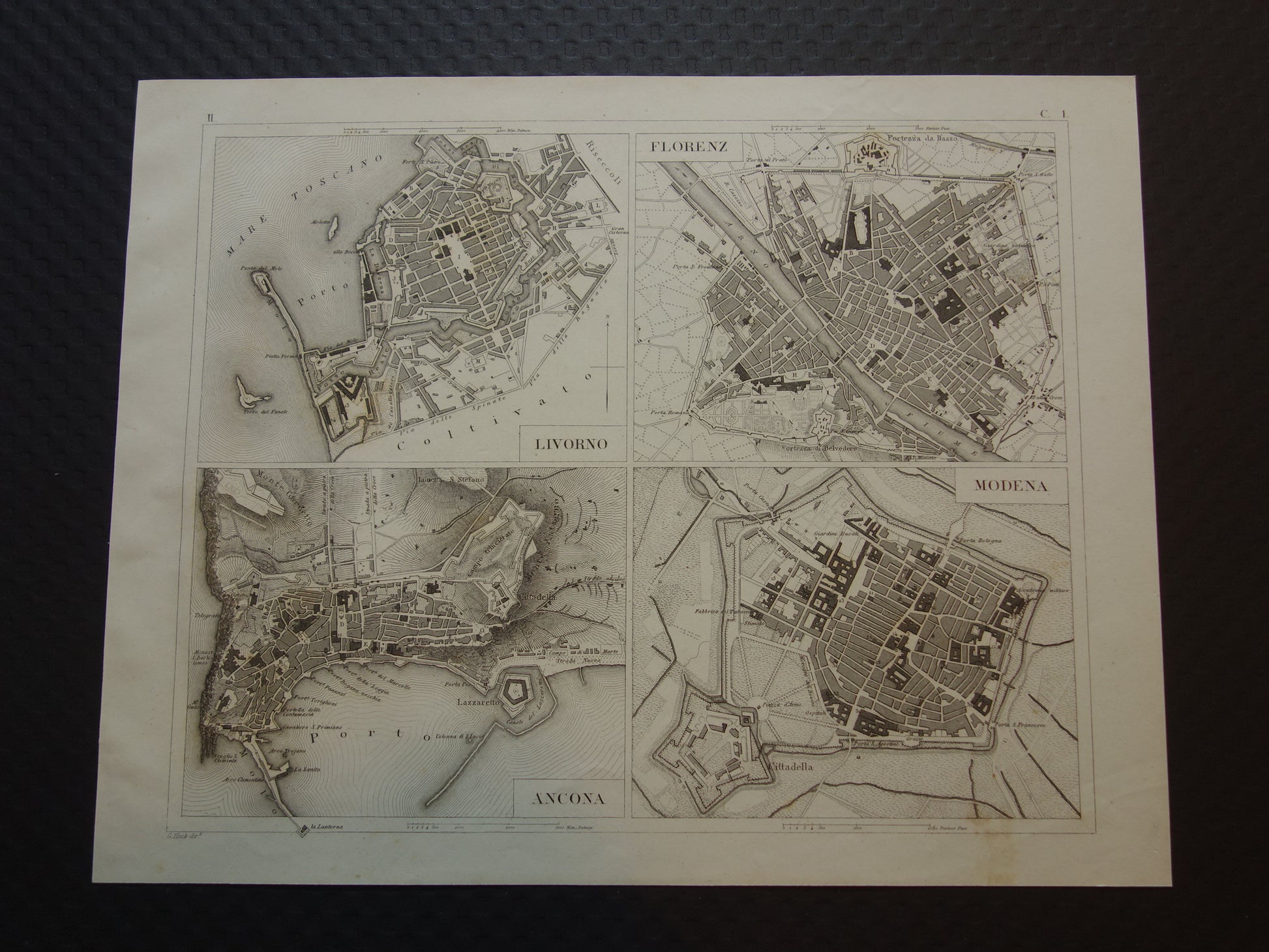 Florence Livorno Modena Ancona antieke plattegrond 175+ jaar oude kaart van Italiaanse steden plattegronden Italië uit 1849 - originele vintage historische kaarten
