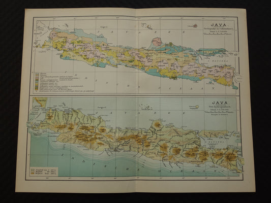 JAVA Antieke Nederlandse kaart van Java uit 1918 oude hoogtekaart landkaart vulkanen