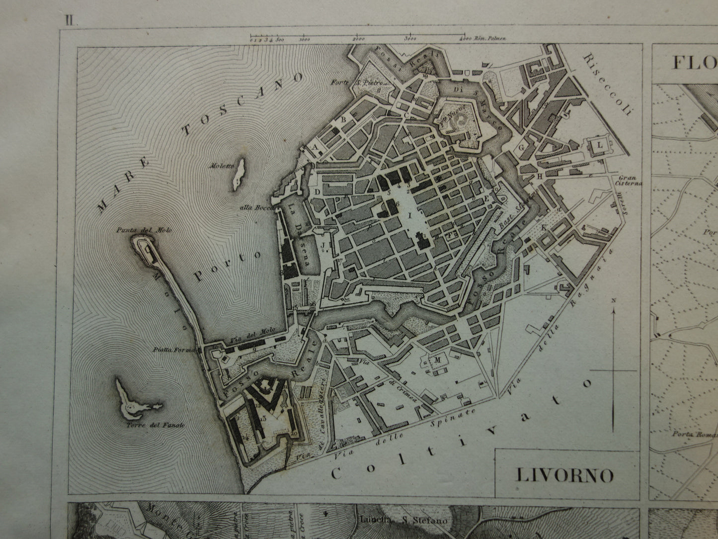 Florence Livorno Modena Ancona antieke plattegrond 175+ jaar oude kaart van Italiaanse steden plattegronden Italië uit 1849 - originele vintage historische kaarten