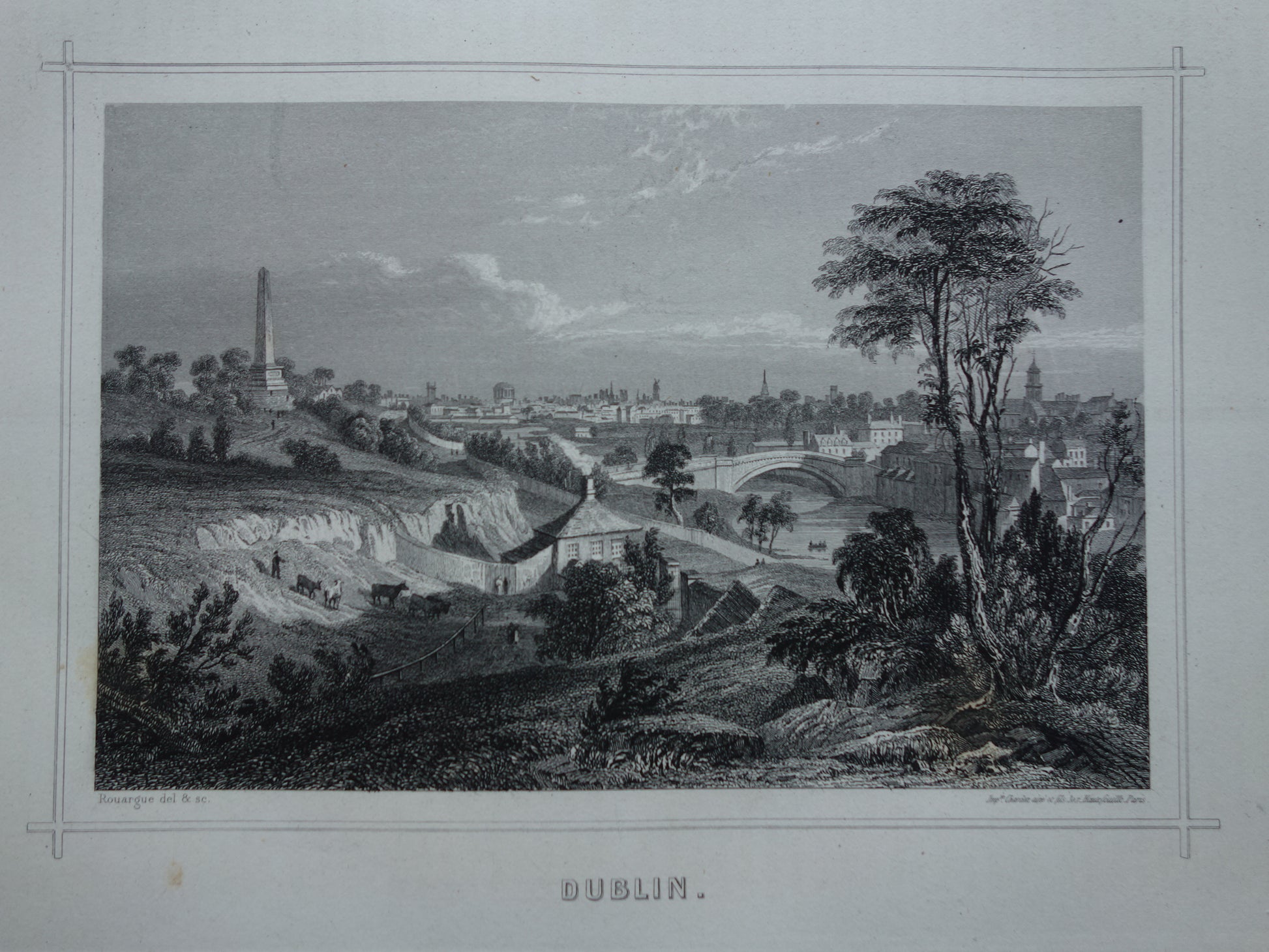 Stadsgezicht van Dublin Ierland uit 1852 antieke print Dublin panorama