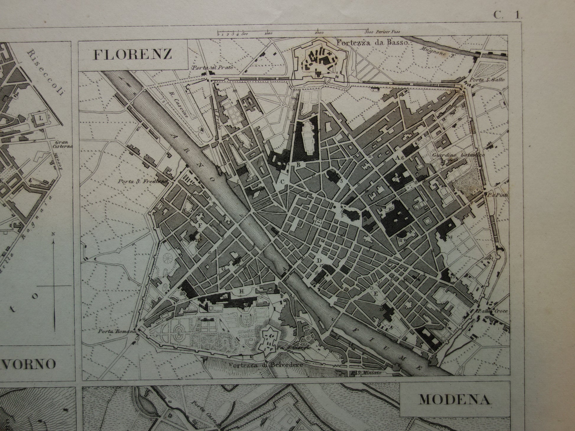 plattegrond van Florence in 1849 originele antieke oude kaart