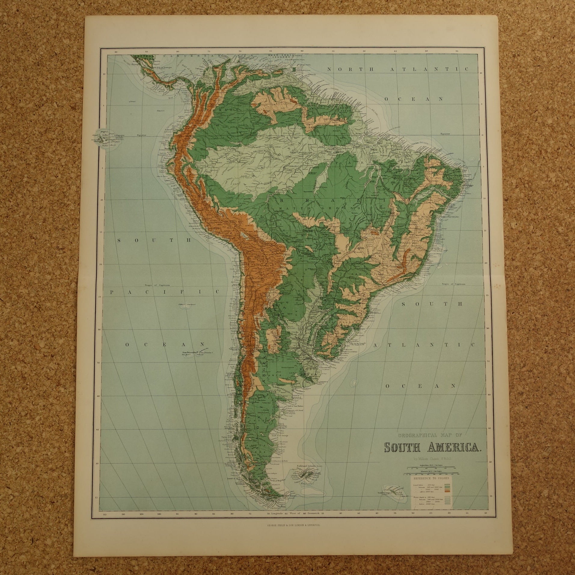 ZUID AMERIKA grote oude kaart van Zuid-Amerika 130+ jaar oude landkaart van continent uit 1890 originele vintage hoogtekaart