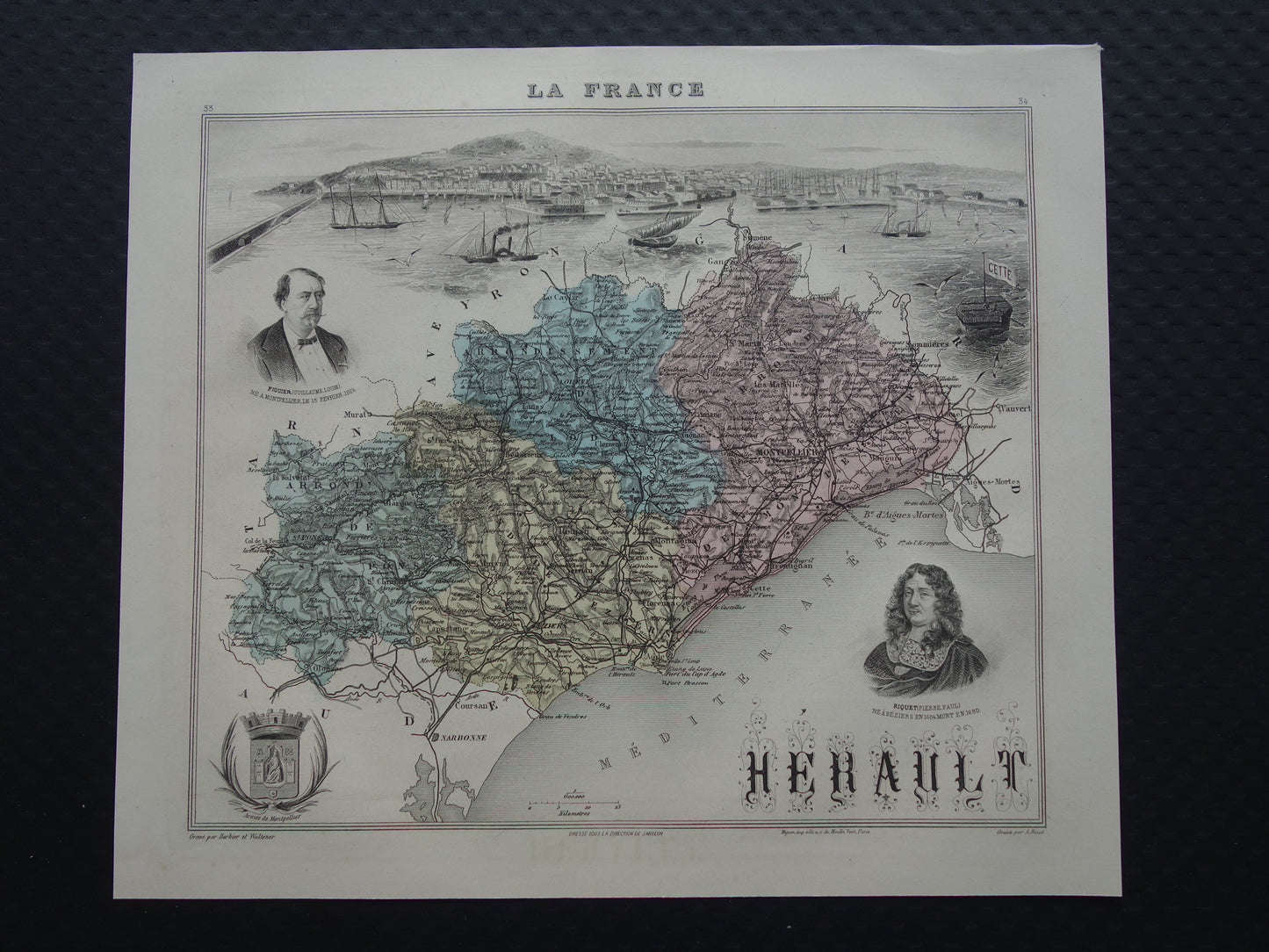 Hérault Frankrijk Oude kaart originele antieke handgekleurde landkaart Herault departement Montpellier