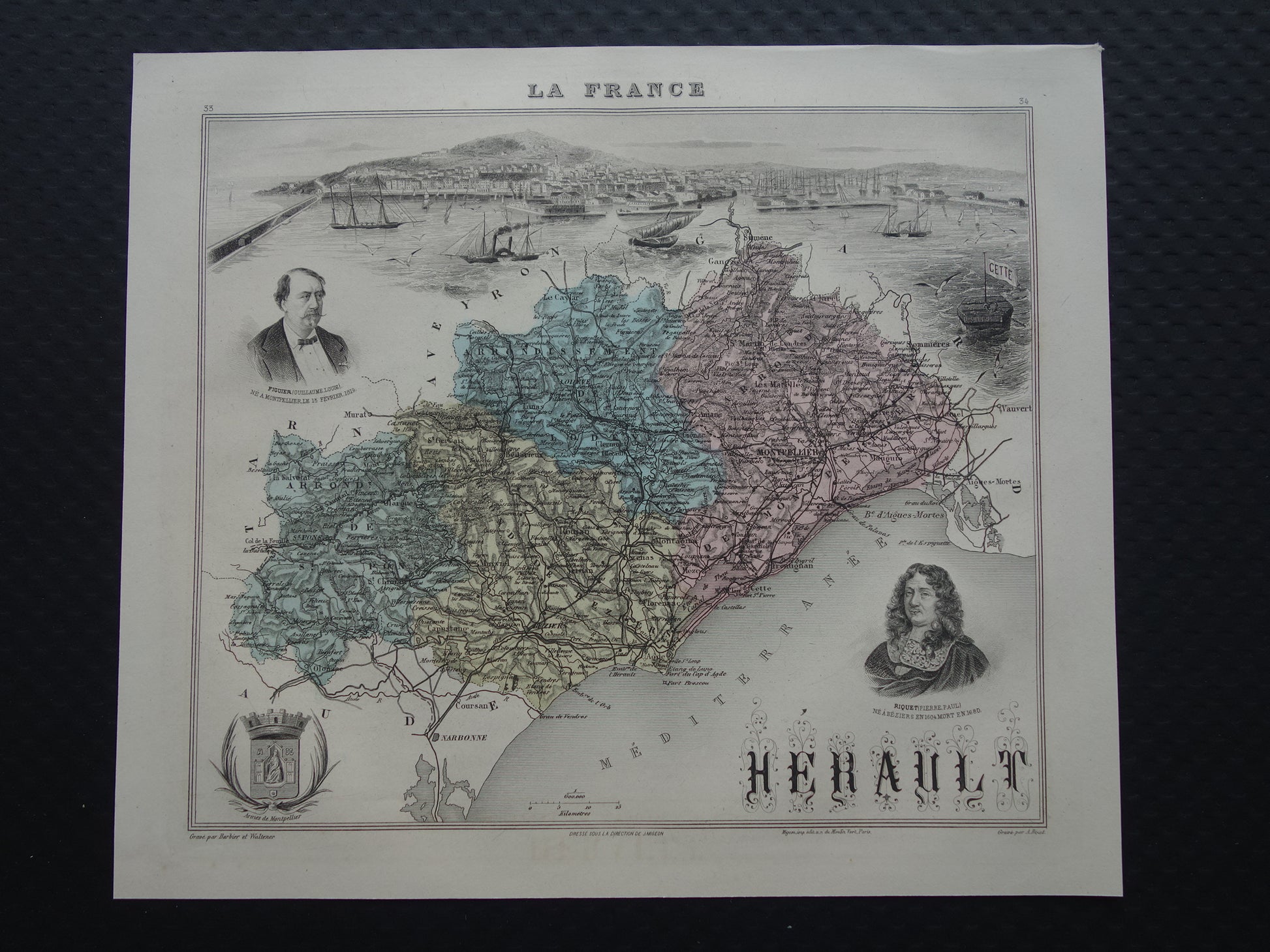 Hérault Frankrijk Oude kaart originele antieke handgekleurde landkaart Herault departement Montpellier