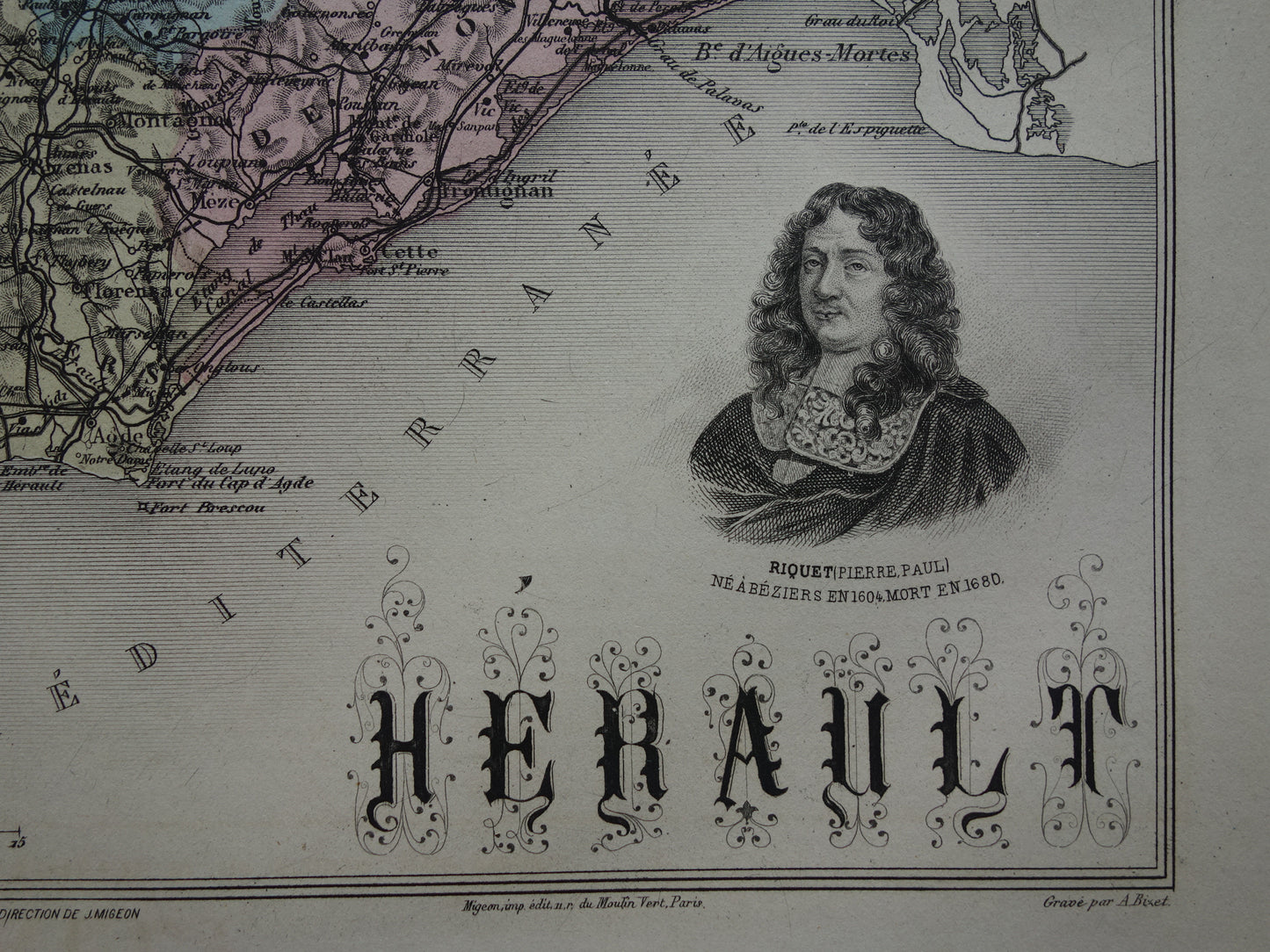 Hérault Frankrijk Oude kaart originele antieke handgekleurde landkaart Herault departement Montpellier