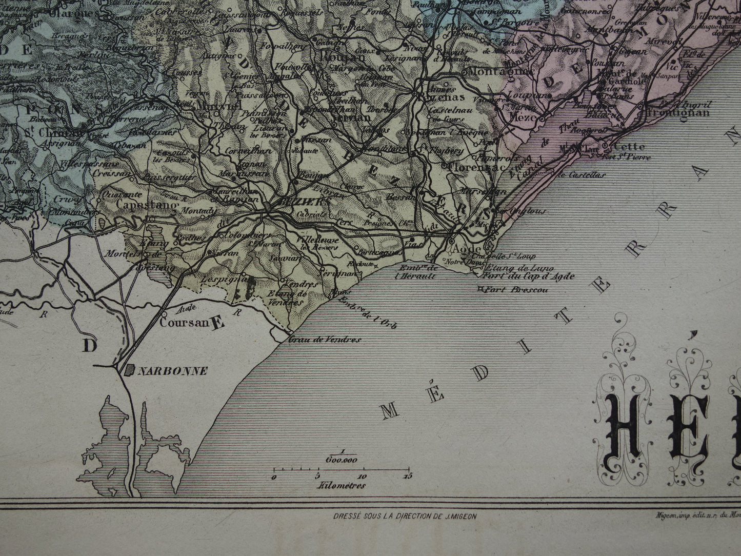 Hérault Frankrijk Oude kaart originele antieke handgekleurde landkaart Herault departement Montpellier