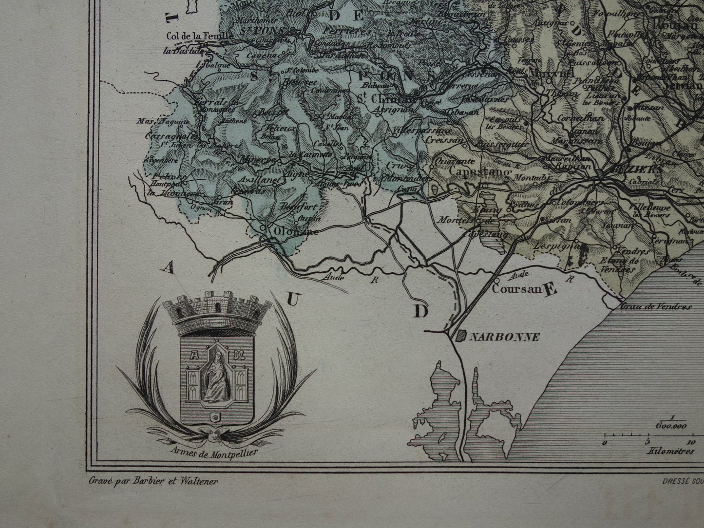 Hérault Frankrijk Oude kaart originele antieke handgekleurde landkaart Herault departement Montpellier