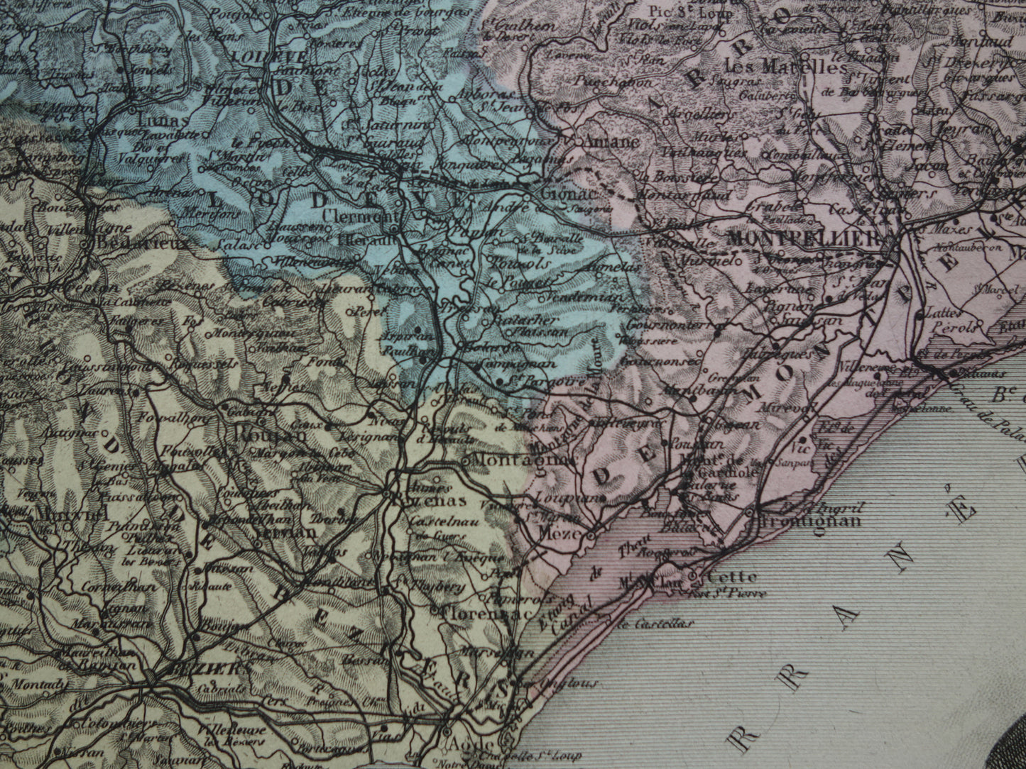 Hérault Frankrijk Oude kaart originele antieke handgekleurde landkaart Herault departement Montpellier