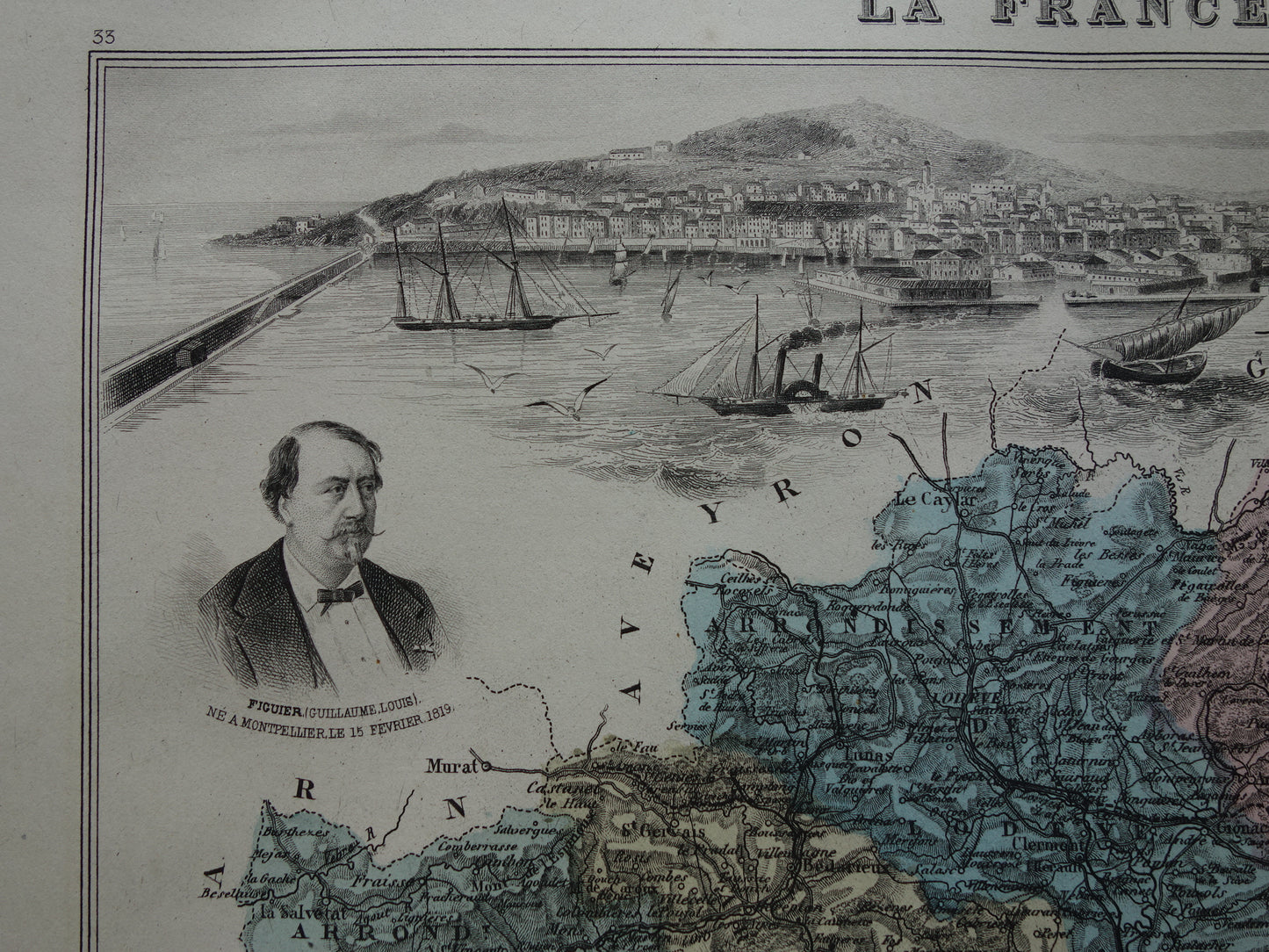 Hérault Frankrijk Oude kaart originele antieke handgekleurde landkaart Herault departement Montpellier