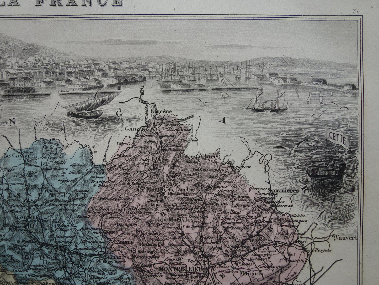 Hérault Frankrijk Oude kaart originele antieke handgekleurde landkaart Herault departement Montpellier