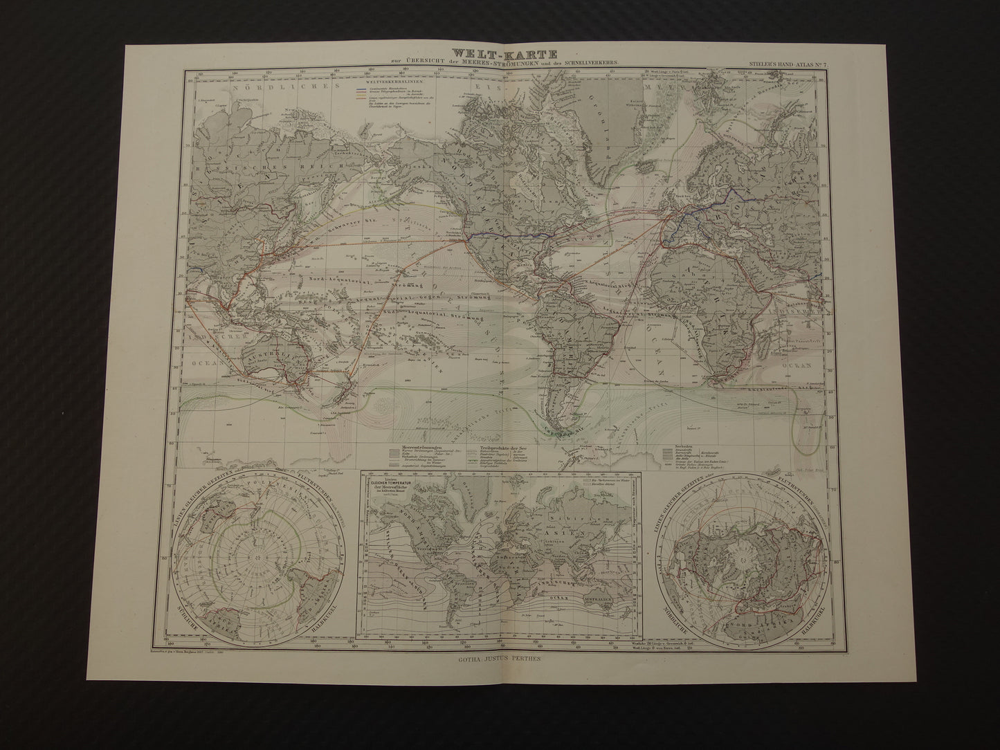 WERELDKAART oude kaart van de Wereld Zeestromingen en Transport 1880 originele antieke landkaart Zeestroom Oceaanstromingen Scheepvaartlijnen met datum