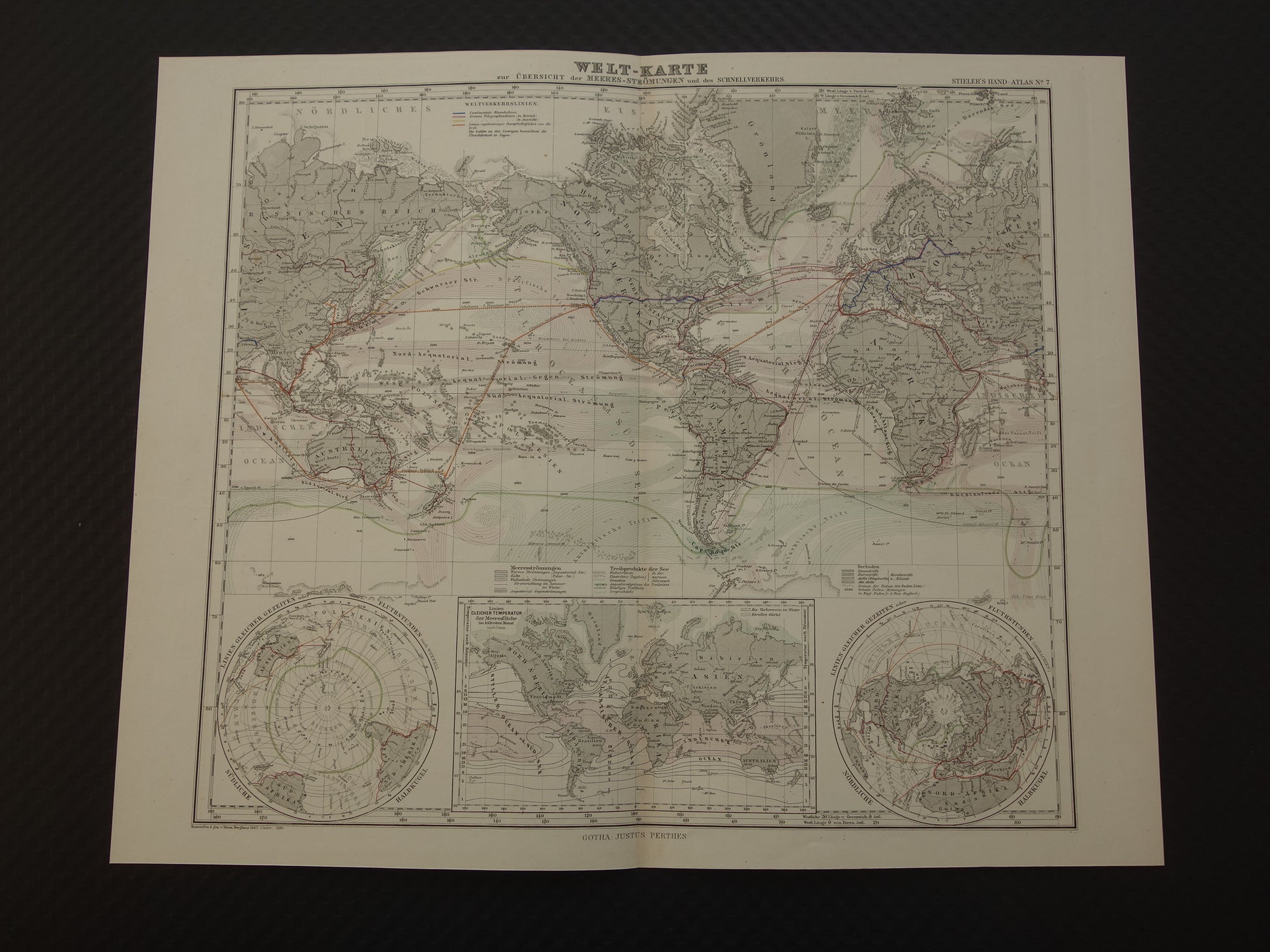 WERELDKAART oude kaart van de Wereld Zeestromingen en Transport 1880 originele antieke landkaart Zeestroom Oceaanstromingen Scheepvaartlijnen met datum