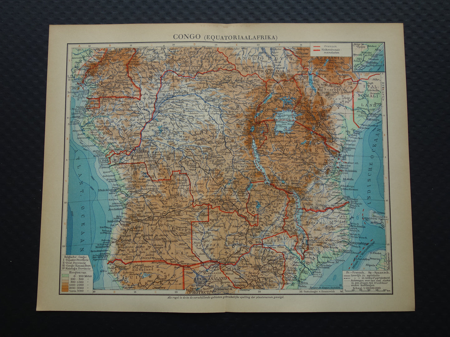 Oude kaart van Centraal Afrika uit 1934 originele Nederlandse landkaart van Midden-Afrika Congo Angola Tanzania historische vintage print