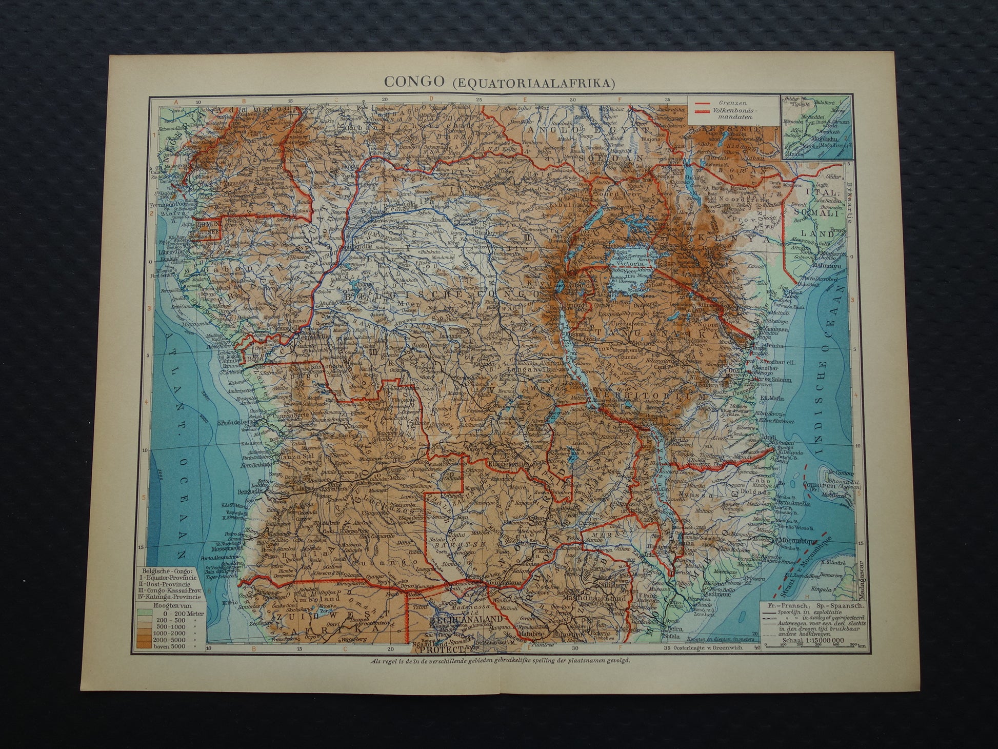 Oude kaart van Centraal Afrika uit 1934 originele Nederlandse landkaart van Midden-Afrika Congo Angola Tanzania historische vintage print